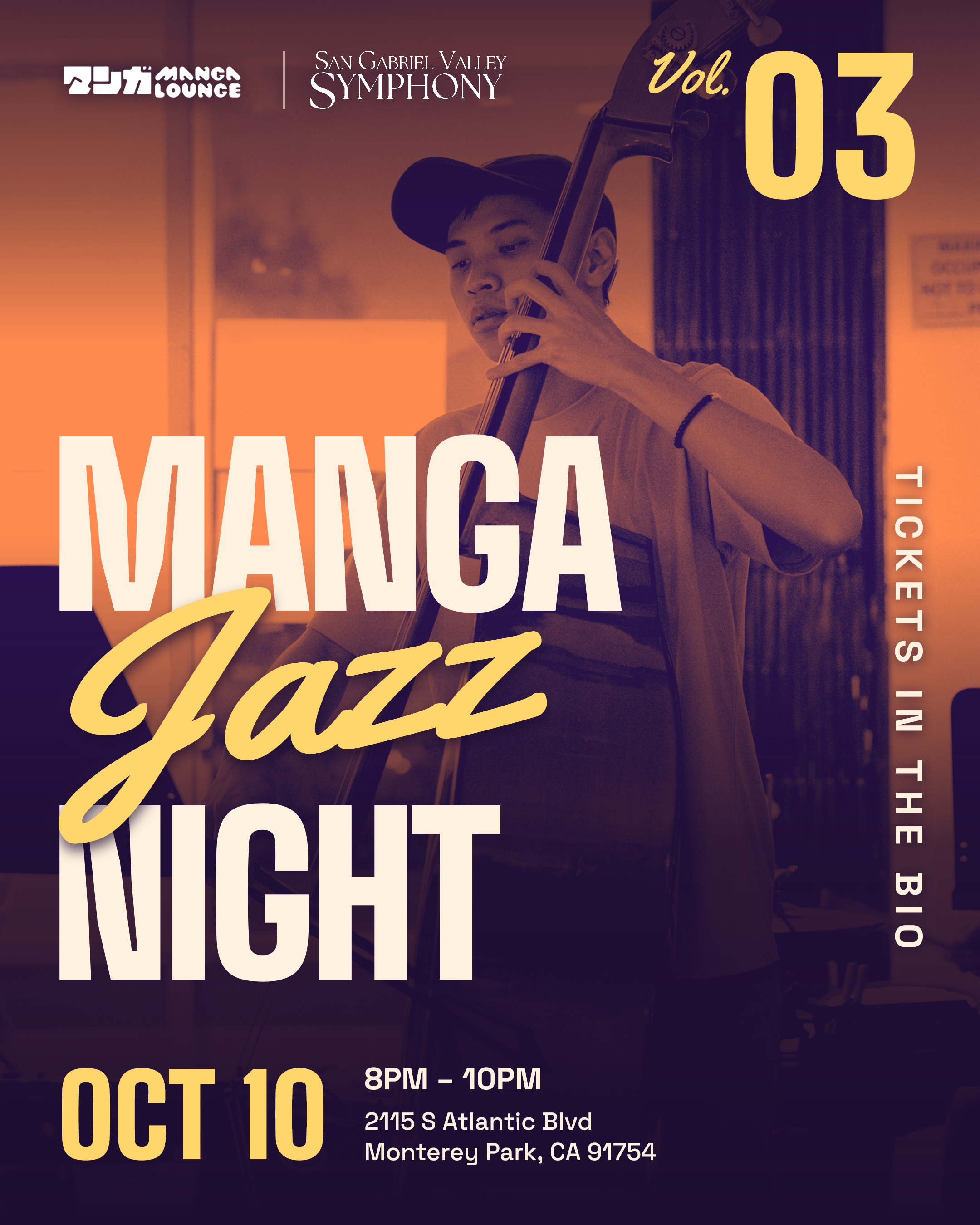 Manga Jazz Night vol.3 poster featuring a double bass player. October 10th, 8 to 10 PM at Manga Lounge