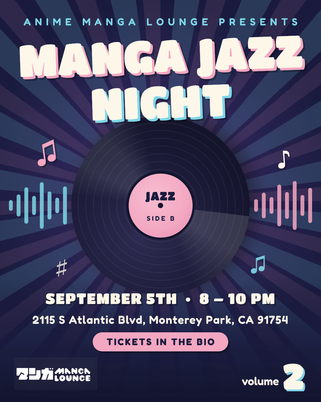Manga Jazz Night vol.2 poster: a vinyl record on a night-purple background. September 5th, 8 to 10 PM at Manga Lounge